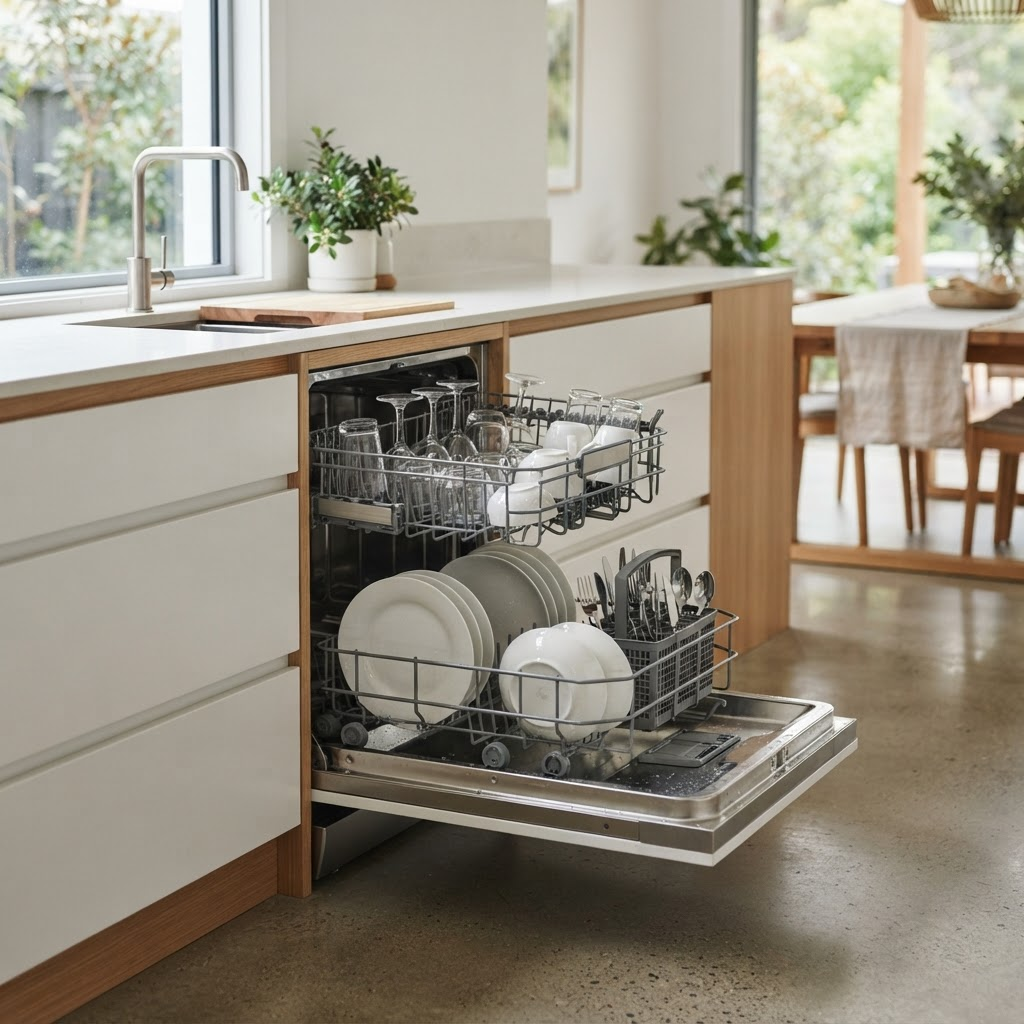 Stainless steel dishwasher with the door open showing loaded racks