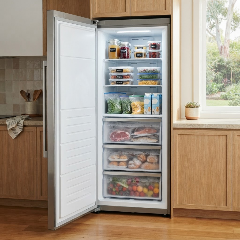 Stainless steel upright freezer with the door open showing shelves