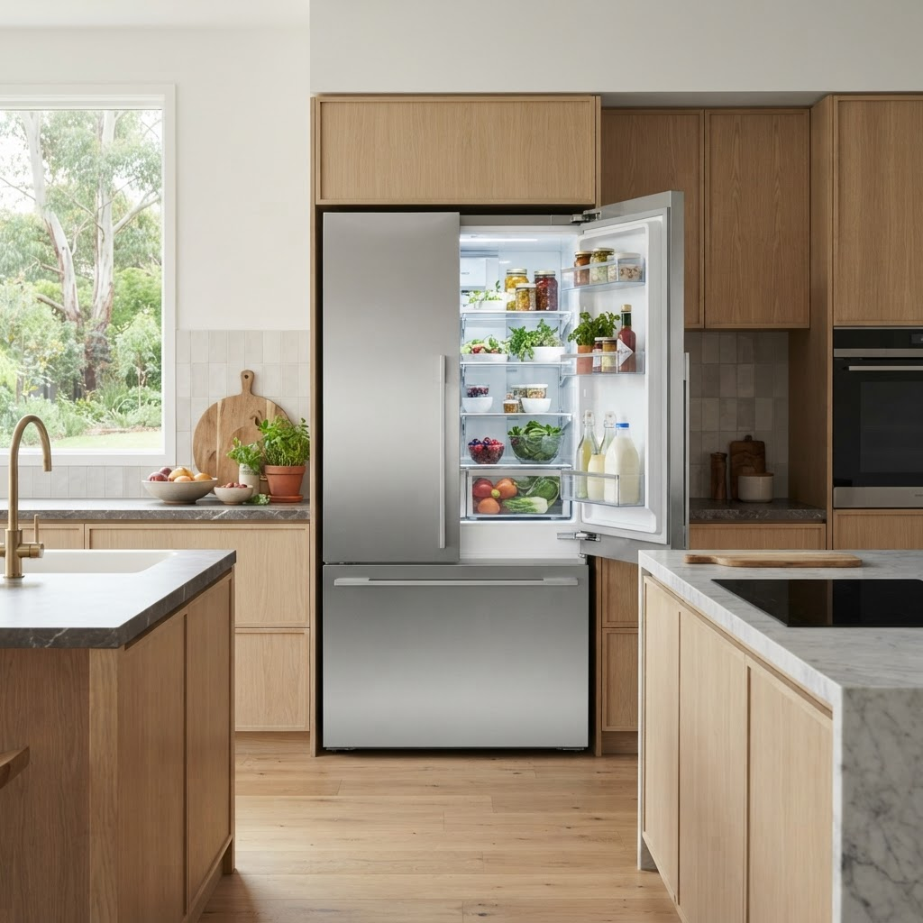 Modern stainless steel French-door refrigerator in a bright kitchen