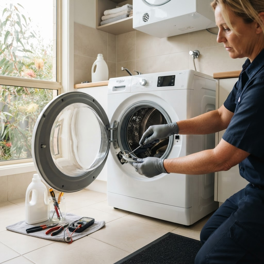 Technician repairing an open front-load washing machine in a bright laundry